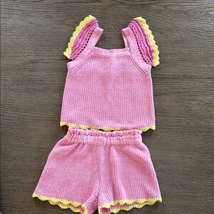 Design History Pink and Yellow Knit Top and Shorts Set